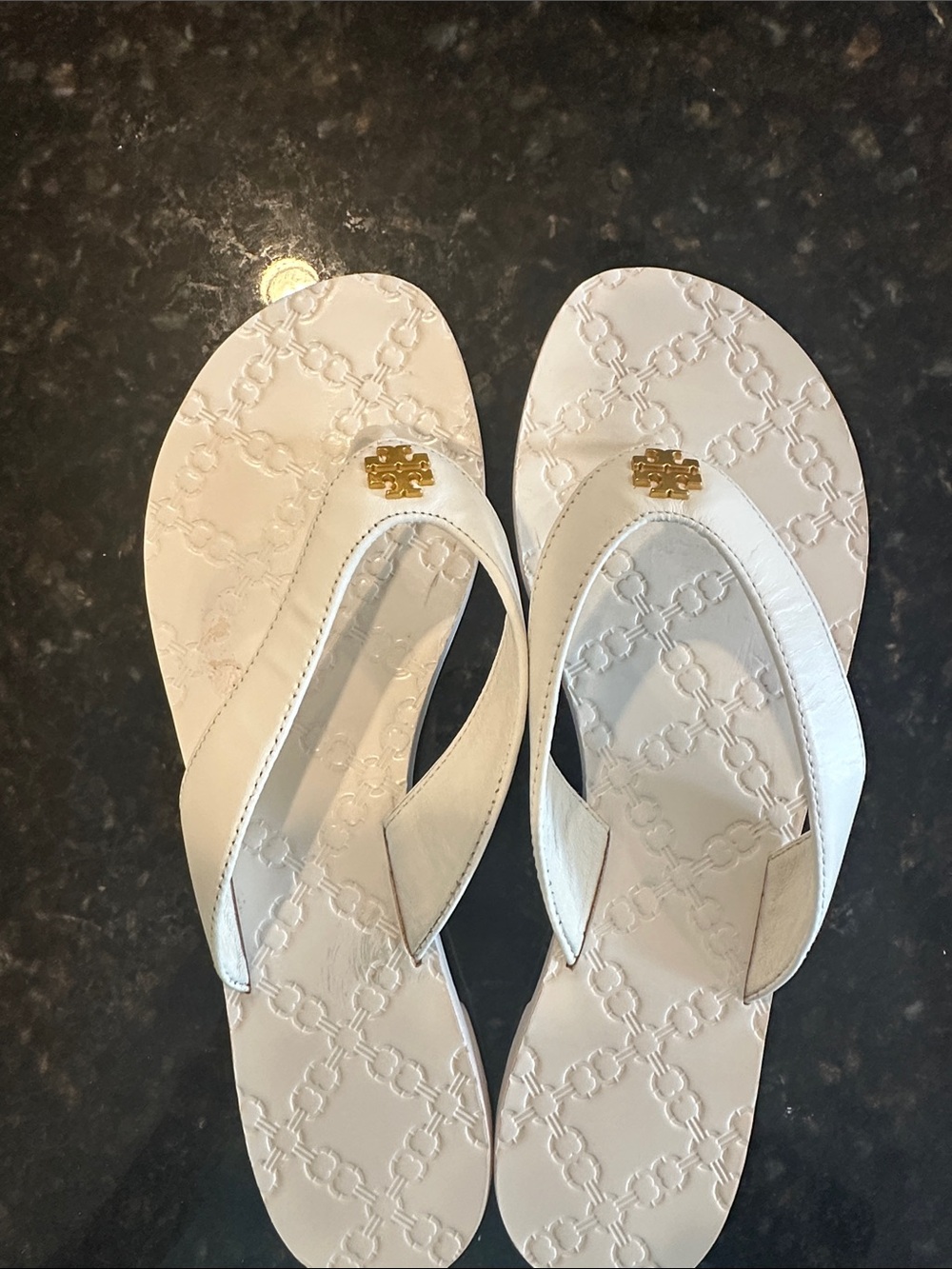 Tory Burch White Embossed Logo Flip Flop Sandals with Gold Emblem